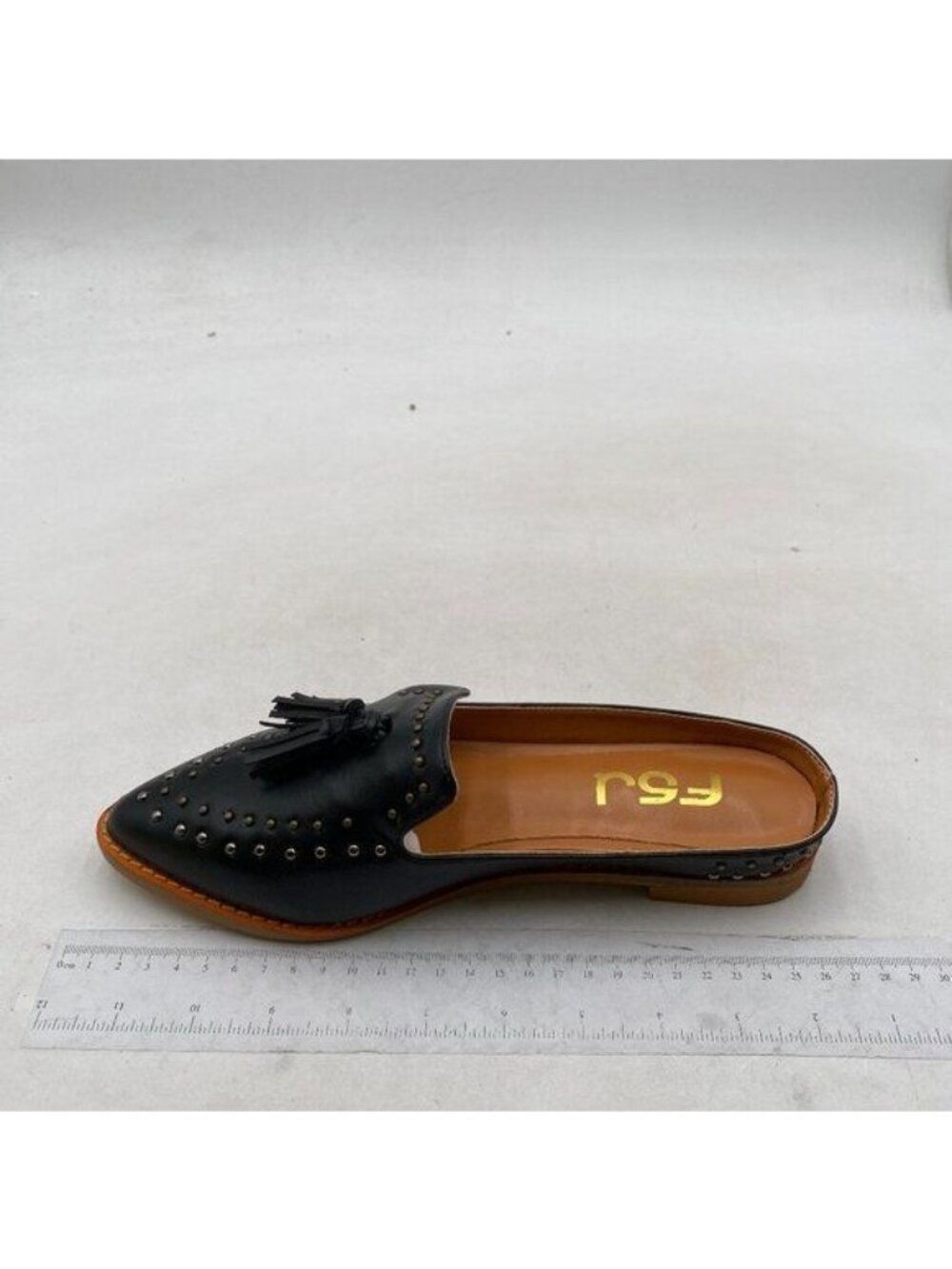 FSJ Black Tassels Studded Slip On Low Heeled Mules Slipper Pointed Toe Sandals